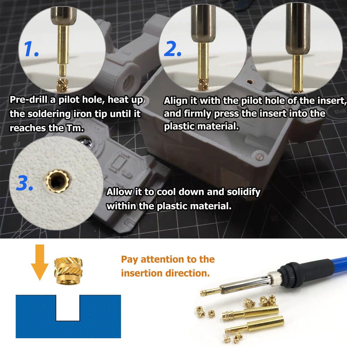 LinkMejor 130Pcs Insert Insert Heat Set Kit M3x4x5 Nuts Insert Kuprum dengan Tip Soldering Iron untuk Material Plastik Tercetak 3D