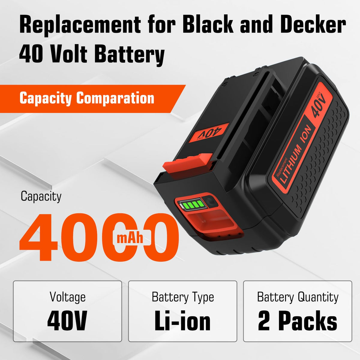 1개 팩 4Ah 블랙 앤 데커크 40V 배터리 LBX2540(오렌지) 대체용