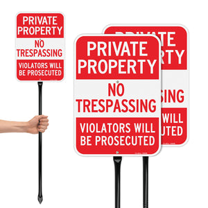 LinkMejor Large No Trespassing Signs Private Property Sign with 36" Heavy Duty Metal Stakes, 14"x10" .040 Aluminum Reflective Signs, Fade Resistant/Waterproof, Including Screws, Easy to Install
