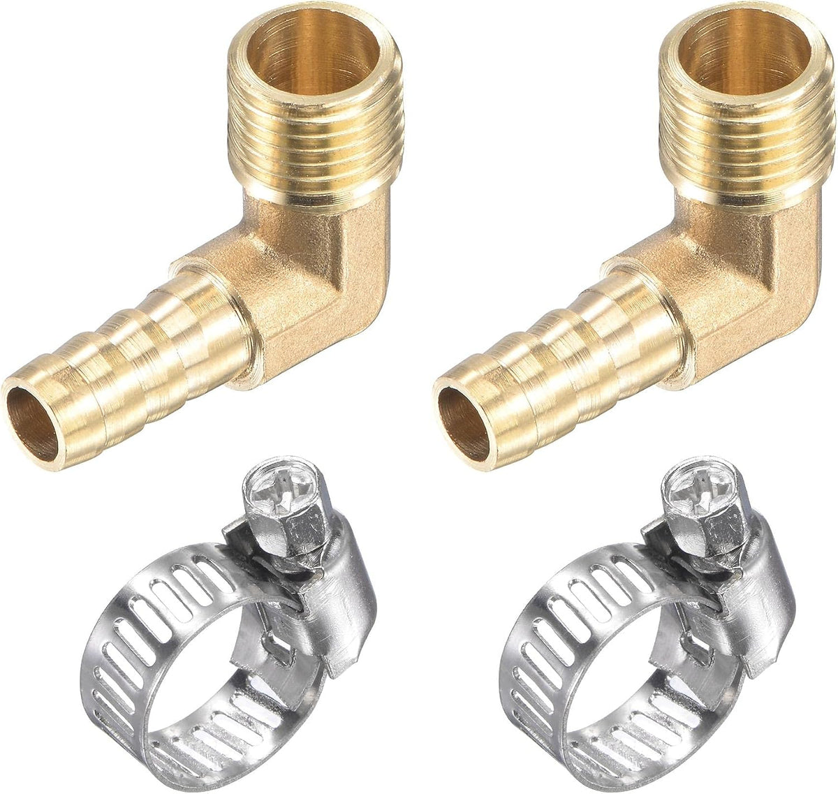Brass Hose Barb Fitting Elbow 8mm x G1/4 Male Thread Right Angle Pipe Connector with Stainless Steel Hose Clamp, Pack of 2