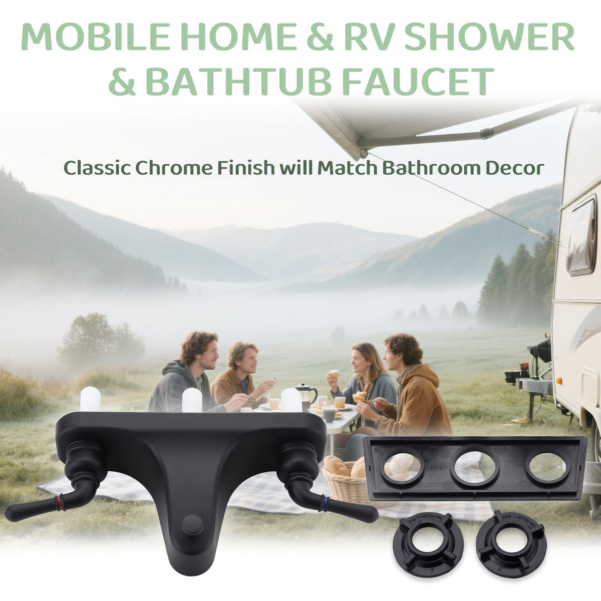 Tub/Shower Faucet 8" with Diverter for RV/Mobile Travel Home, Economical Two Handle Classic Shower Faucet Center-Set (Black)
