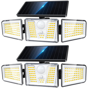 LinkMejor Solar Flood Lights, 210 LED Motion Sensor Outdoor Lights, Solar Motion Lights Outdoor Waterproof, 3 Heads 300° Wide Angle Outdoor Security Lights for Yard Patio Garage Entryways, 2 Pack