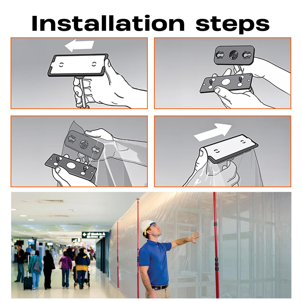 Toz Geçirmez Bariyer Montajı 2 Başlık ve 2 Üst Plaka Seti Zipwall Tarzı İçin