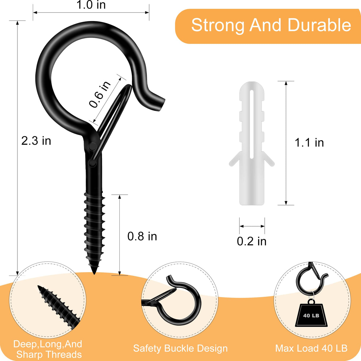 LinkMejor 20-Pack 2.3-Inch Sort Skruetræk med Sikkerhedslåse, 40 lb Belastning