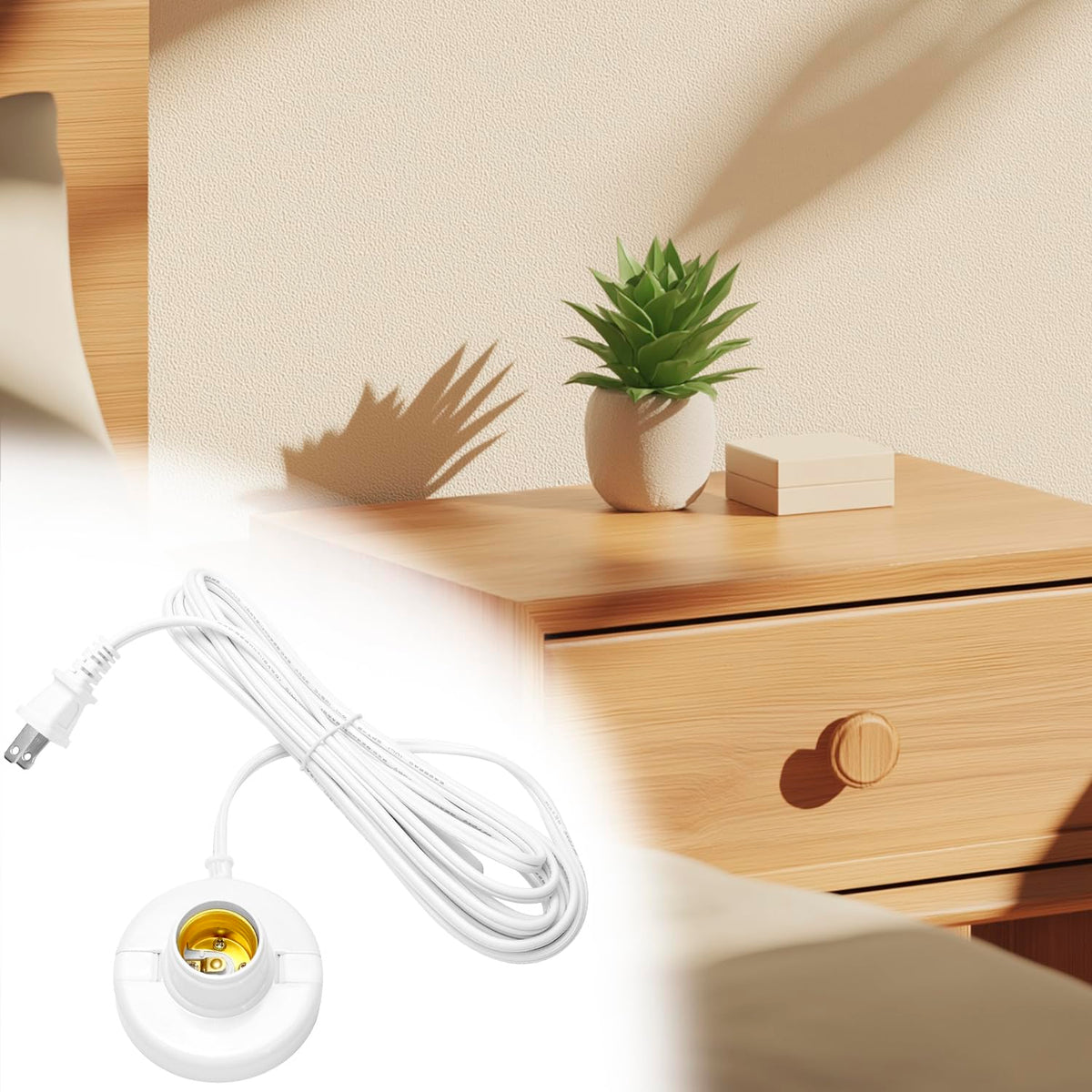 LinkMejor Porta Lampada a Inserzione E26/ E27 con Interruttore On/Off | Prese per Lampadine a Serraggio E26 | Cavo Estensibile da 15ft | Anello Interno in Rame Puro | 60W Max | 2-Pack