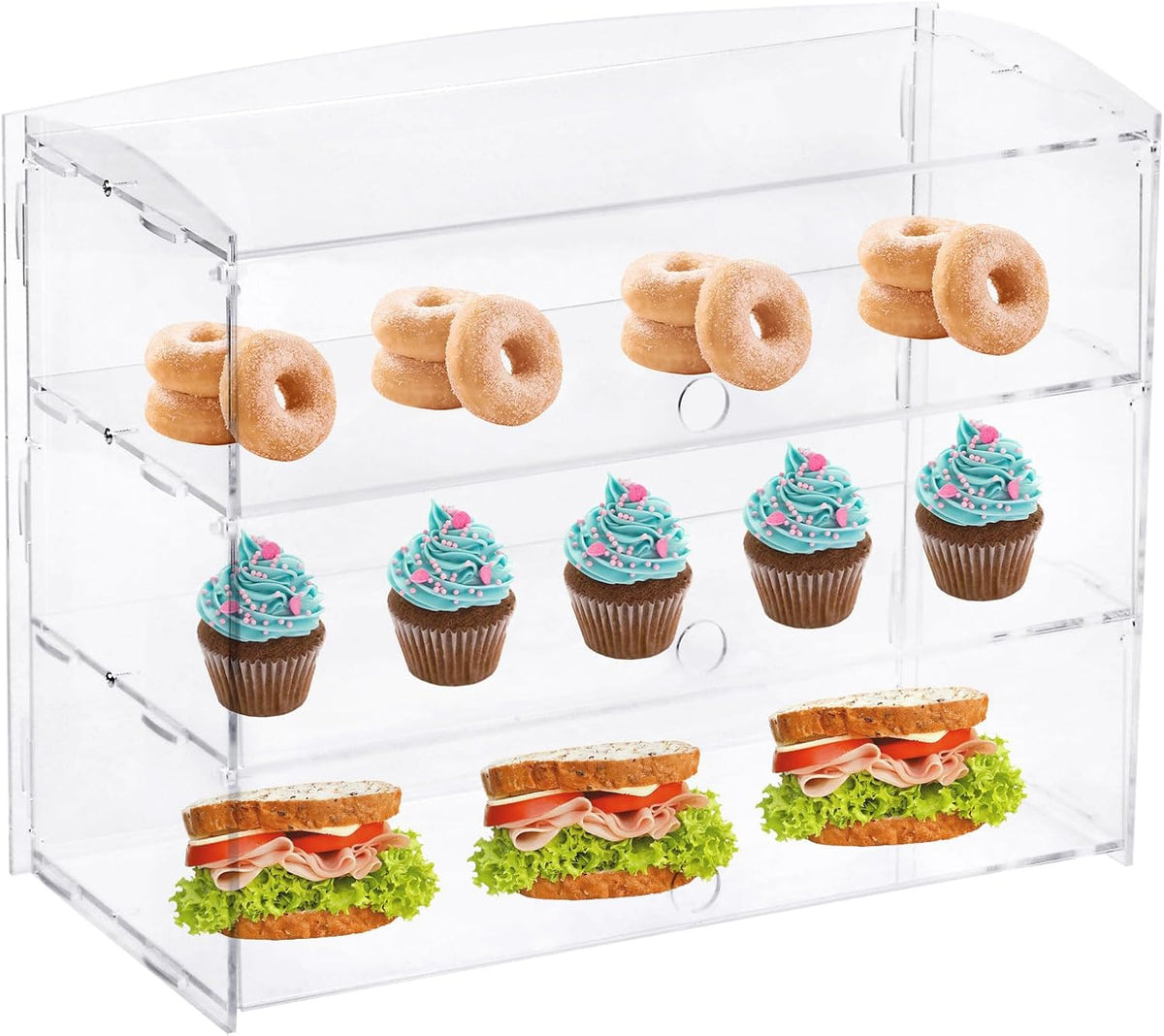 3-Tier Pastry Display Case Countertop, Acrylic Donut Display Box with Rear Door Access, Suitable for Bakery Snack Bar Cafe, 19.3" L x 9" W x 15" H