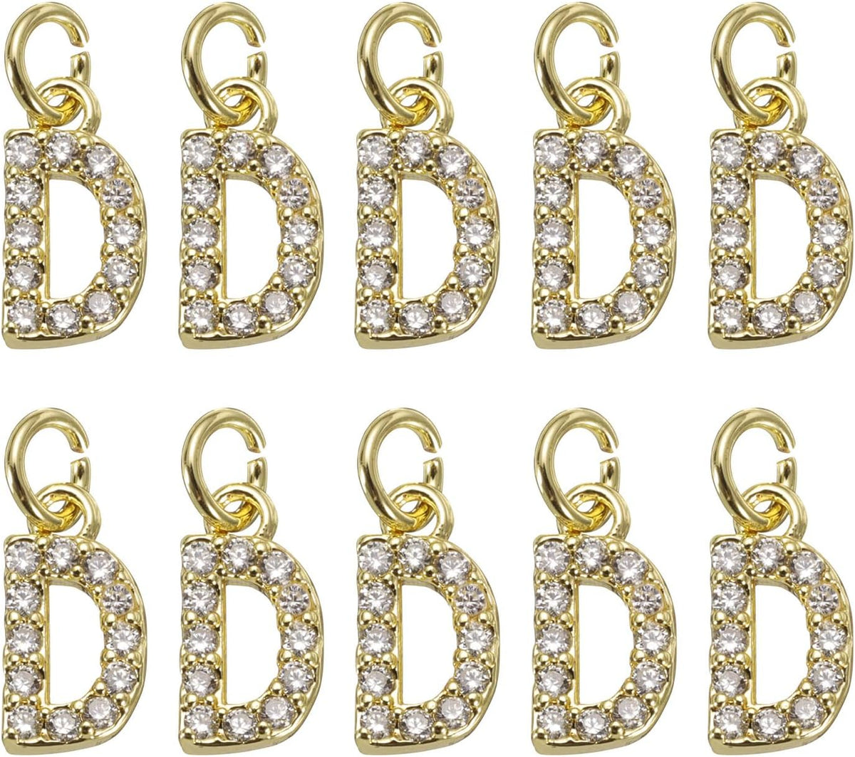 LinkMejor Rhinestone Letter Charm, 10pcs Crystal Zirconia Copper Alphabet D Pendants Slider Letter Charm for Wristbands Bracelets Necklace Jewelry Earring DIY Craft, Gold