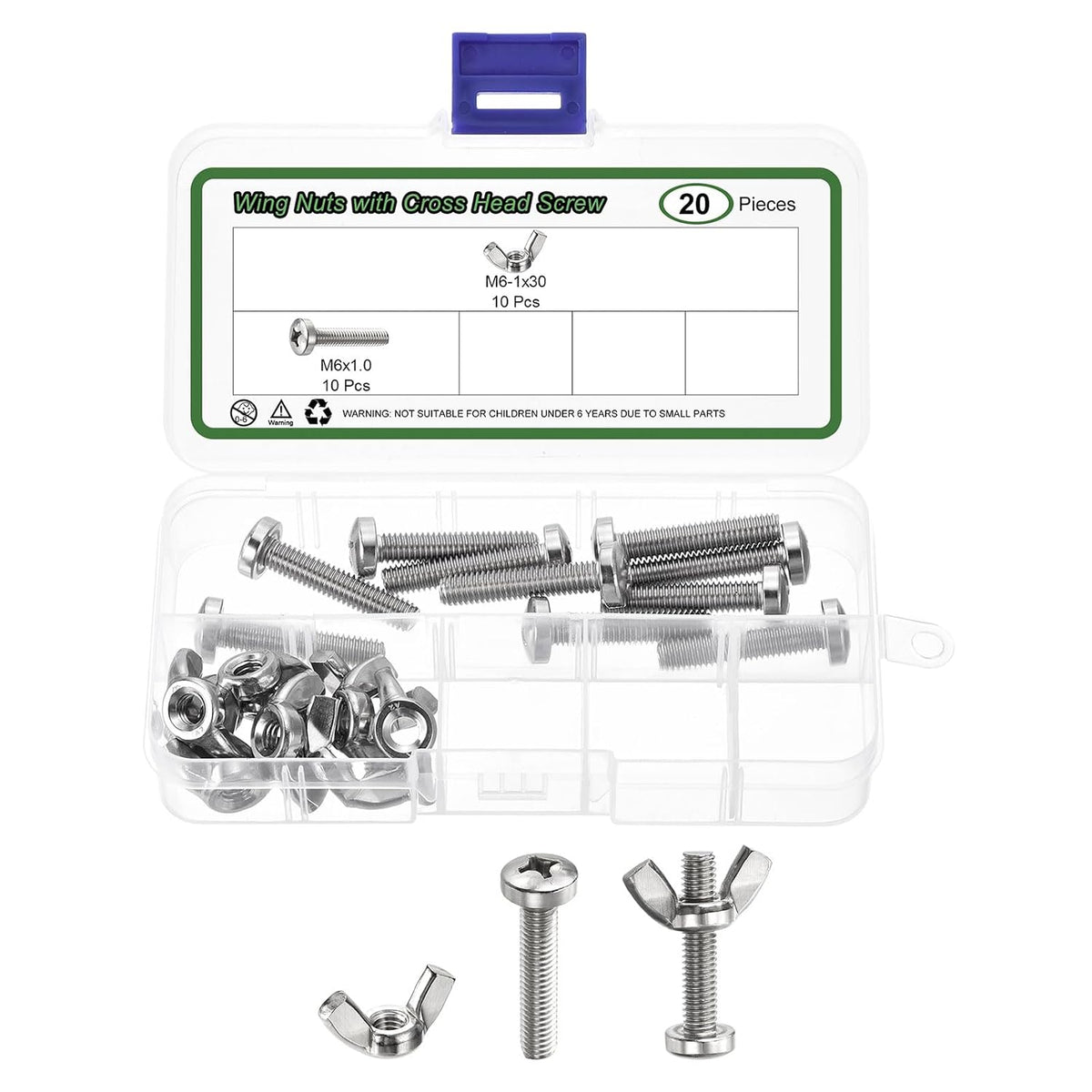 10 Set Screw Bolts Kit with Wing Nut, Stainless Steel M6x1mm Hand Tighten Wing Nuts with M6x30mm Cross Head Screw for Machinery Electronic Equipment, Silver