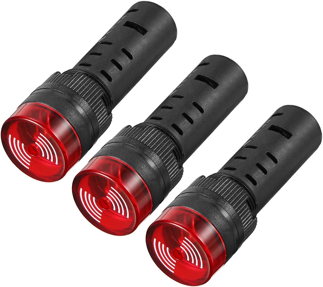 3Pcs Red Indicator Light with Buzzer AC/DC 24V, 16mm Panel Mount Flashing Alarm, for Electrical Control Panel, HVAC, DIY Projects