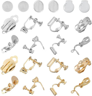 16pcs Clip-on Earring Converter with Silicon Earring Pads - Clip-on Earring Findings, Earring Clips for Non-Pierced Ears with Easy Open Loop (White & Gold)
