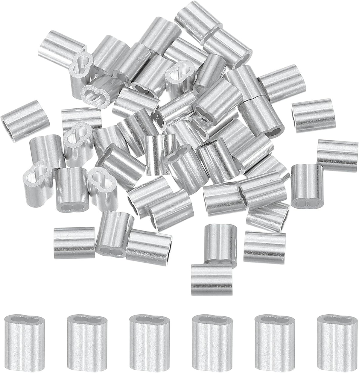 50Pcs Aluminum Crimping Loop Sleeve, 2mm 5/64" Double Ferrule Wire Crimps M2 Cable Crimp for Wire Rope and Cable Crimps, Clamps Line Rope End