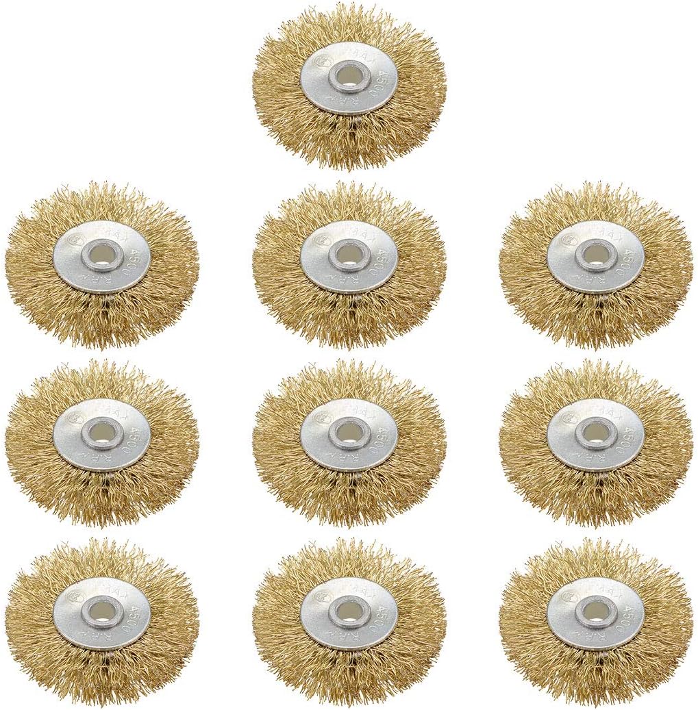 2-Inch Wire Wheel Brush Bench Brass Plated Crimped Steel with 1/4-Inch Arbor Hole 10 Pcs