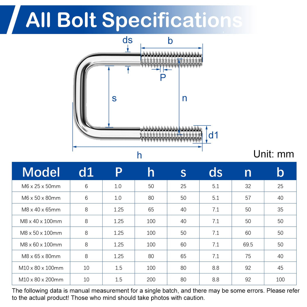 4Pcs Square U-Bolts 2-1/2 Inch Inner Width (M8 x 65 x 80mm)