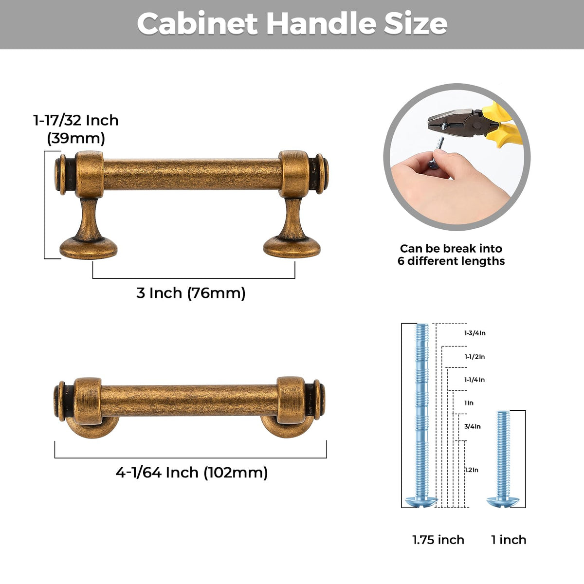 6'lı Antika Brass Dolaplı Kulp, 3" Delikli Center Çekme Kulp