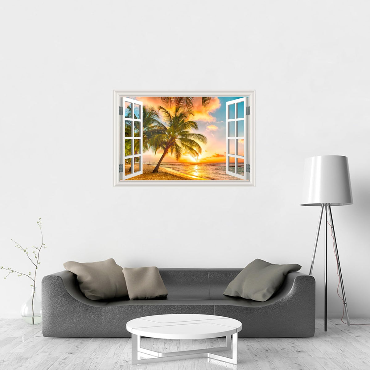 Fake Window Wall Decal- Summer Beach Ocean Coconut Trees Open Art Sticker