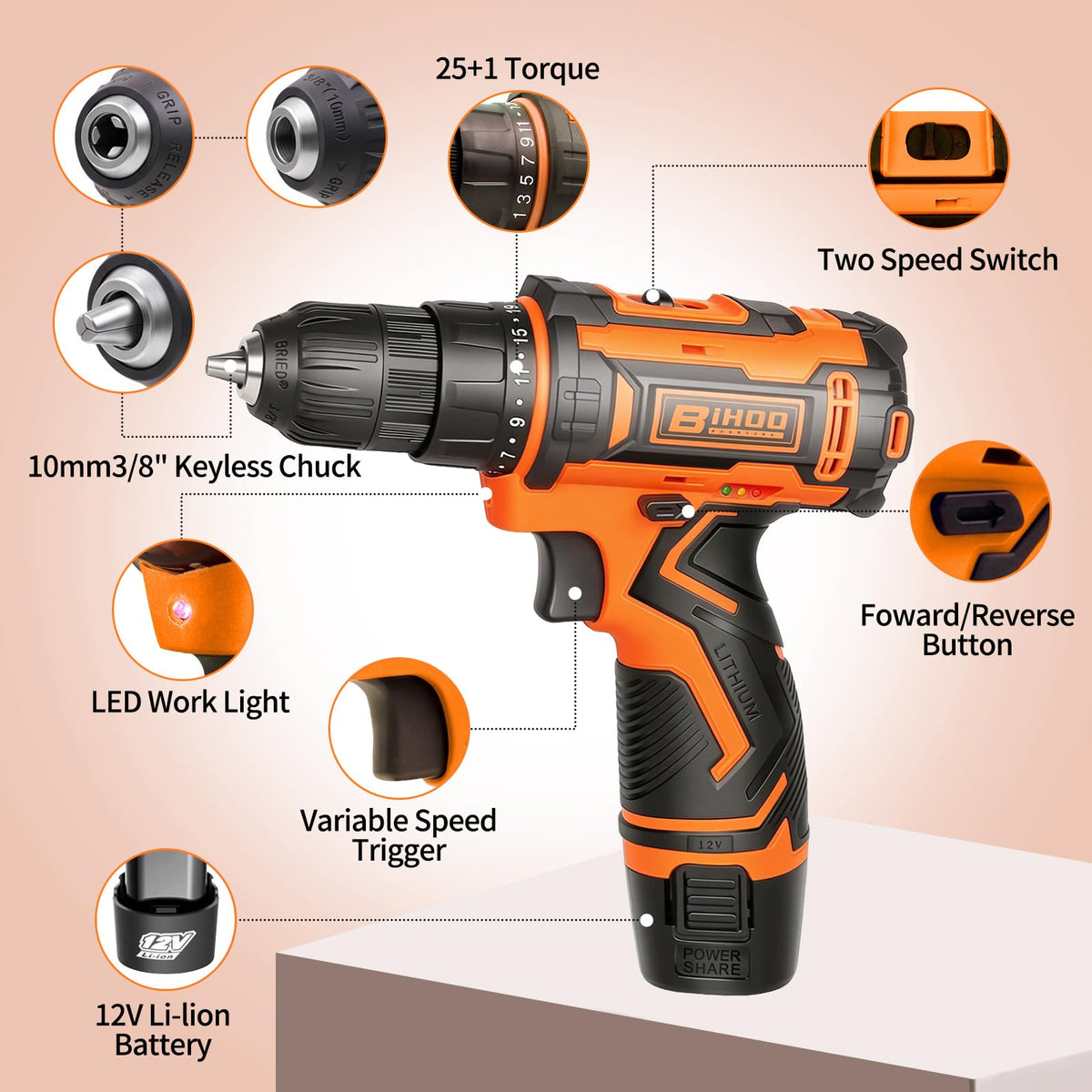 LinkMejor Orange 12V Cordless Drill with 43Pcs Drill Bit Set for Home DIY