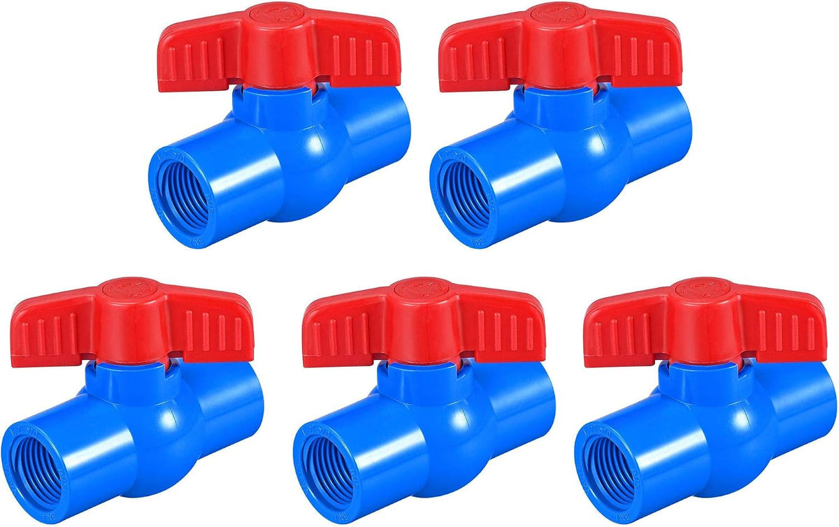 Ball Valve, G1/2 Female Thread PVC Valve for Aquarium Setup, Sump Pump, Pool, Garden Sprinkler Blue Red 5Pcs