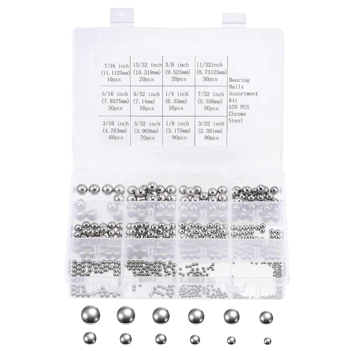 570pcs 12 Size Bearing Balls Assortment Chrome Steel 7/16" 13/32" 3/8" 11/32" 5/16" 9/32" 1/4" 7/32" 3/16" 5/32" 1/8" 3/32"
