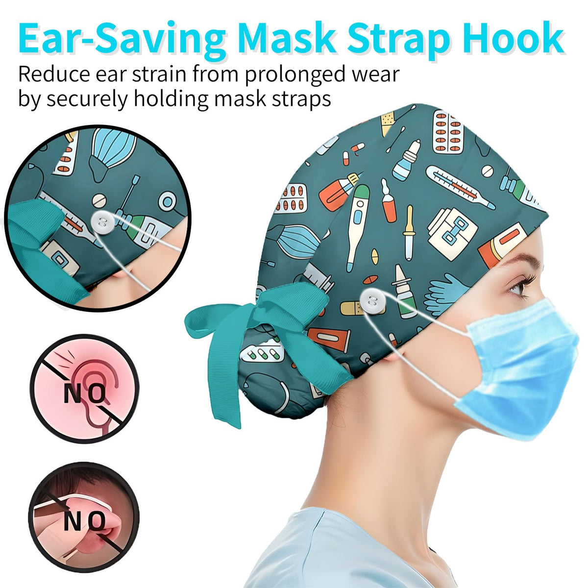 Scrub Caps for Men & Women,Funny Medical Nurse Ponytail Bouffant Hat with Sweatband & Buttons - Adjustable Cute Surgical Working Hat Comfort Fit for Gift Doctors,Nurses. Green