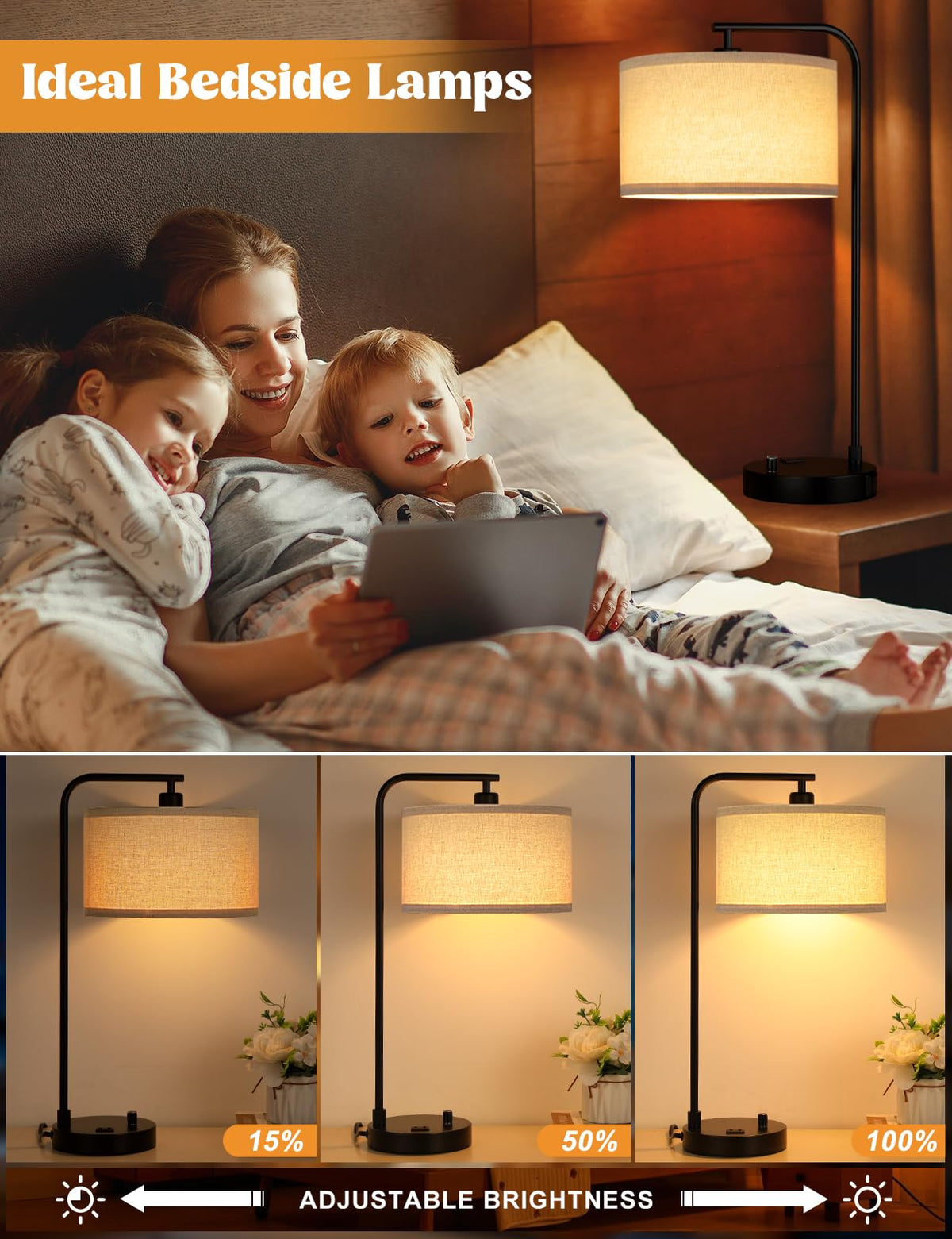 20.7" Lampada da Tavolo Altezza 20.7" con USB e Spina, Lampada da Notte Regolabile in Intensità