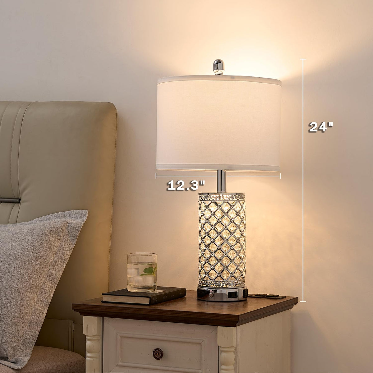 LinkMejor Crystal Table Lamps Modern 3-Way Dimmable Bedside Lamp with 2 USB Ports & AC Outlets for Living Room Bedroom Nightstand Lamp Night Light
