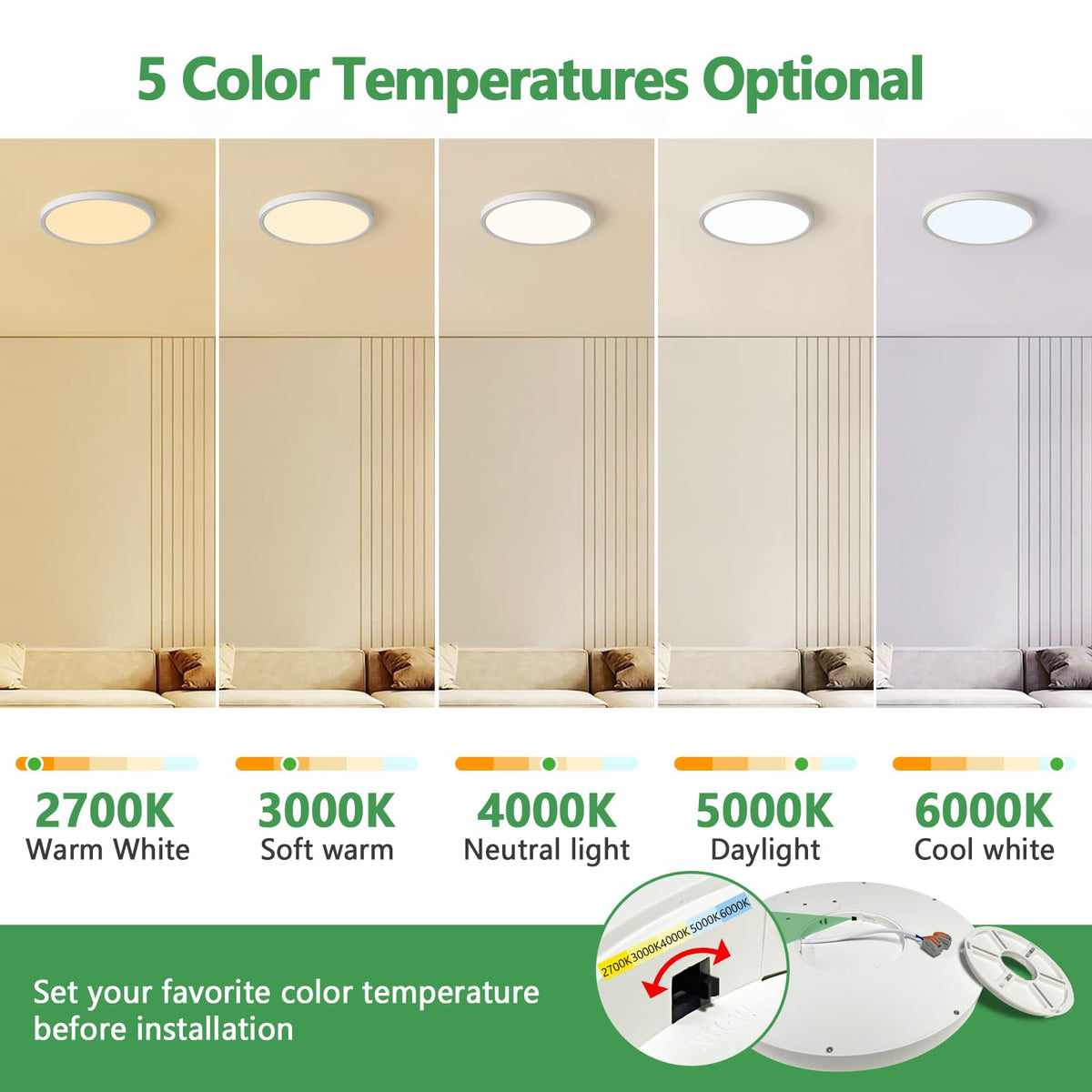 15.8Inch Dimmable White LED Flush Mount Ceiling Light,32W,3480LM,5CCT