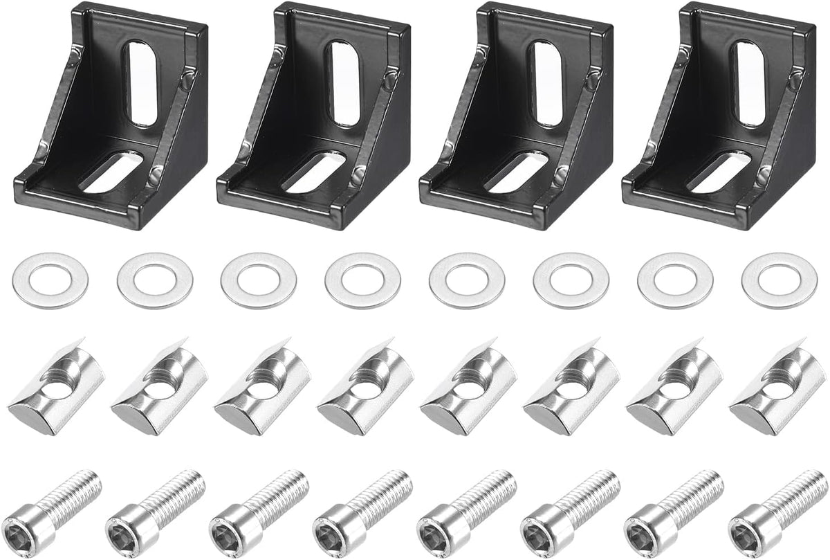 4Set Inside Corner Bracket Gusset Kits, 38x38x35mm 4040 Angle Connector for European 4040 Series Aluminum Profile (Black/ 8 x T Spring Nuts & Hex Socket Bolts & Washers)