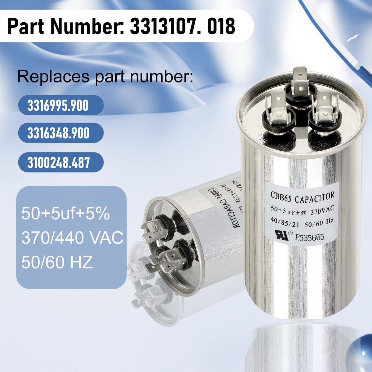 3313107.018 Kapacitor, 50+5uf+5%, 370VAC CBB65/CBB65A