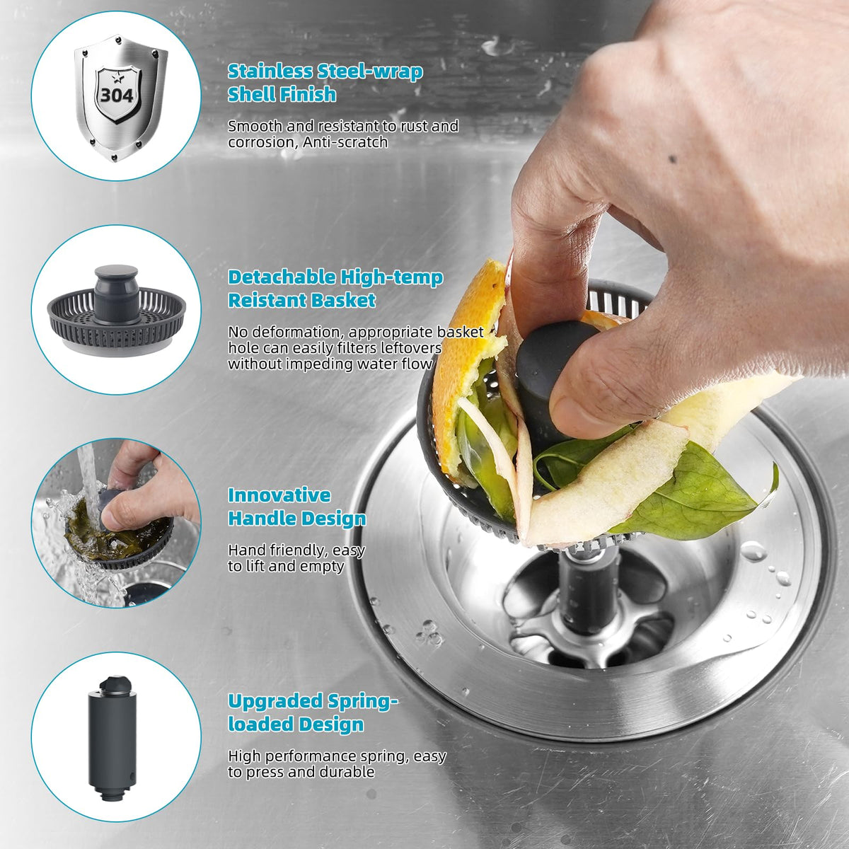 LinkMejor 3-in-1 Saluran Pemfilter Air Kandang Dapur & Stopper, Tangi Rata, Krom