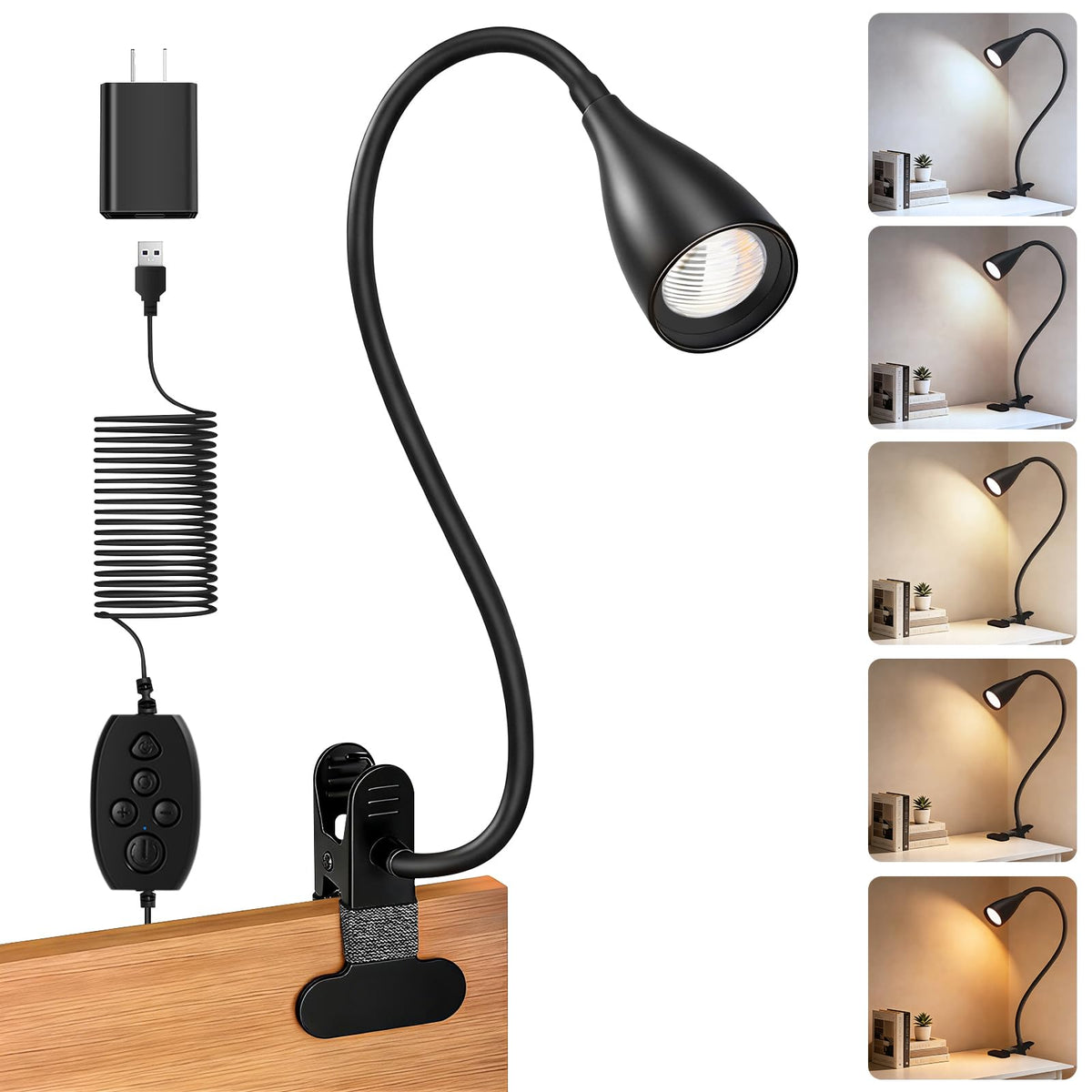 Reading Light for Book in Bed,Clip on Light Reading Lamp with Adapter Black