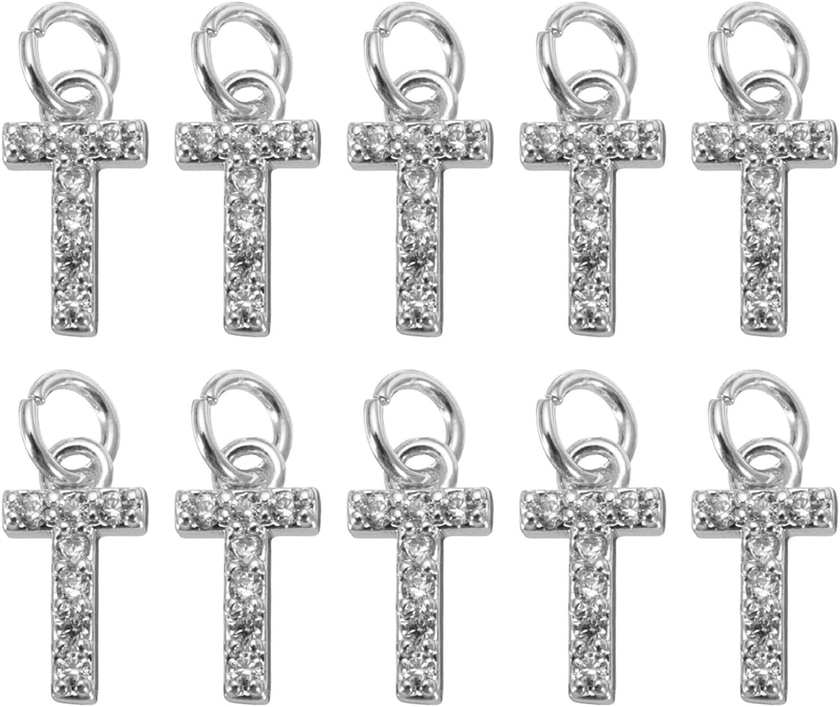 LinkMejor Rhinestone Letter Charm, 10pcs Crystal Zirconia Copper Alphabet t Pendants Slider Letter Charm for Wristbands Bracelets Necklace Jewelry Earring DIY Craft, Silver