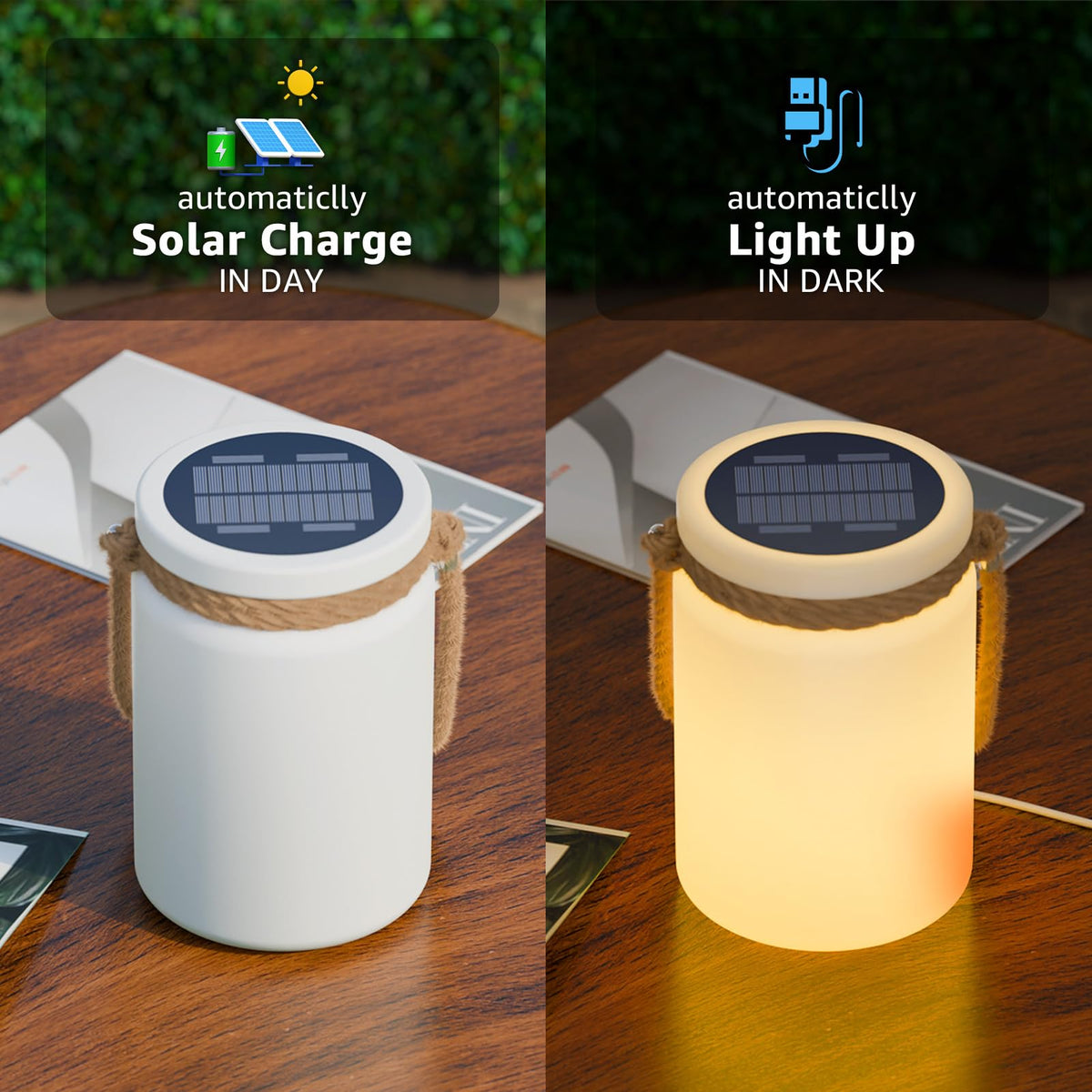 LinkMejor 2 Pack Solar Table Lamp Lantern Waterproof Outdoor Cordless