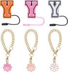 3pcs Flower Charm Cup Accessories with 3pcs 10mm Letter Y Straw Cover Cap Capital Letter and Silicone Leak Stopper for Name ID Personalized Charm Tumbler Cup, Orange/White/Red
