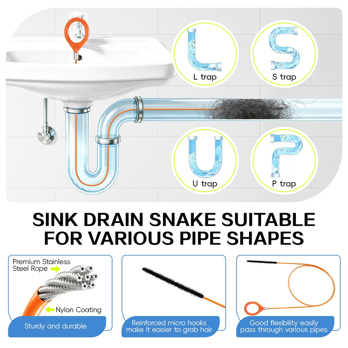 Sink Plunger with Drain Snake Set, Drain Cleaner Tool for Home