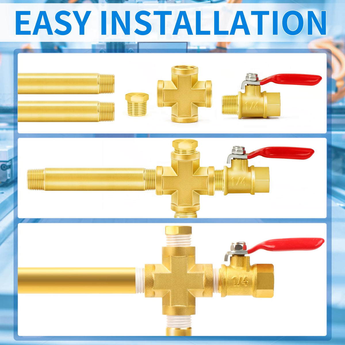 LinkMejor Brass Pipe Fitting, 4 Way Cross 1/2" x 1/2" x 1/2" x 1/2" NPT Female Thread Adapter(2-PACK)