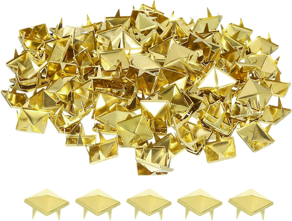 100 Sets Spike Rivet, 10x7mm Pyramid Rapid Rivet Studs Square Punk Spikes for Leathercraft Clothing Belts Bags Shoes, Gold Tone