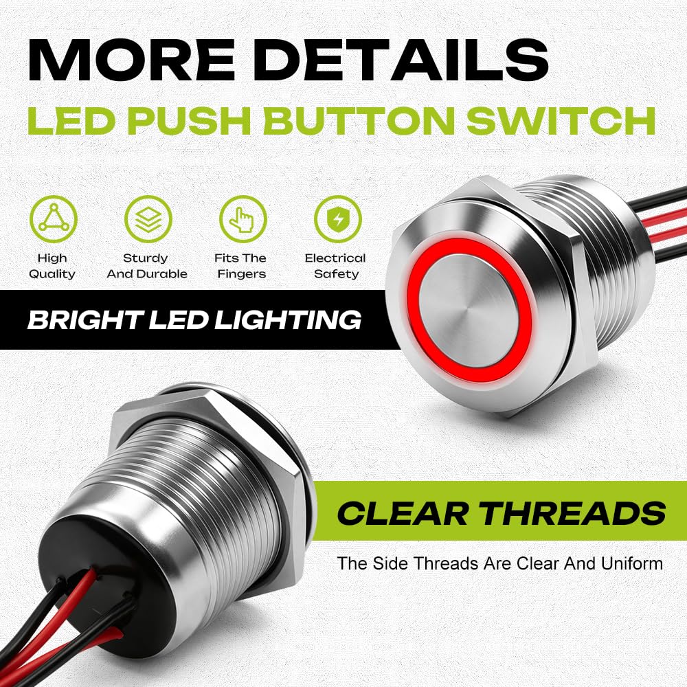 LinkMejor 3Pcs 19mm LED ögonblicksvarande tryckknapp växling IP67 20A 12V-24V vit