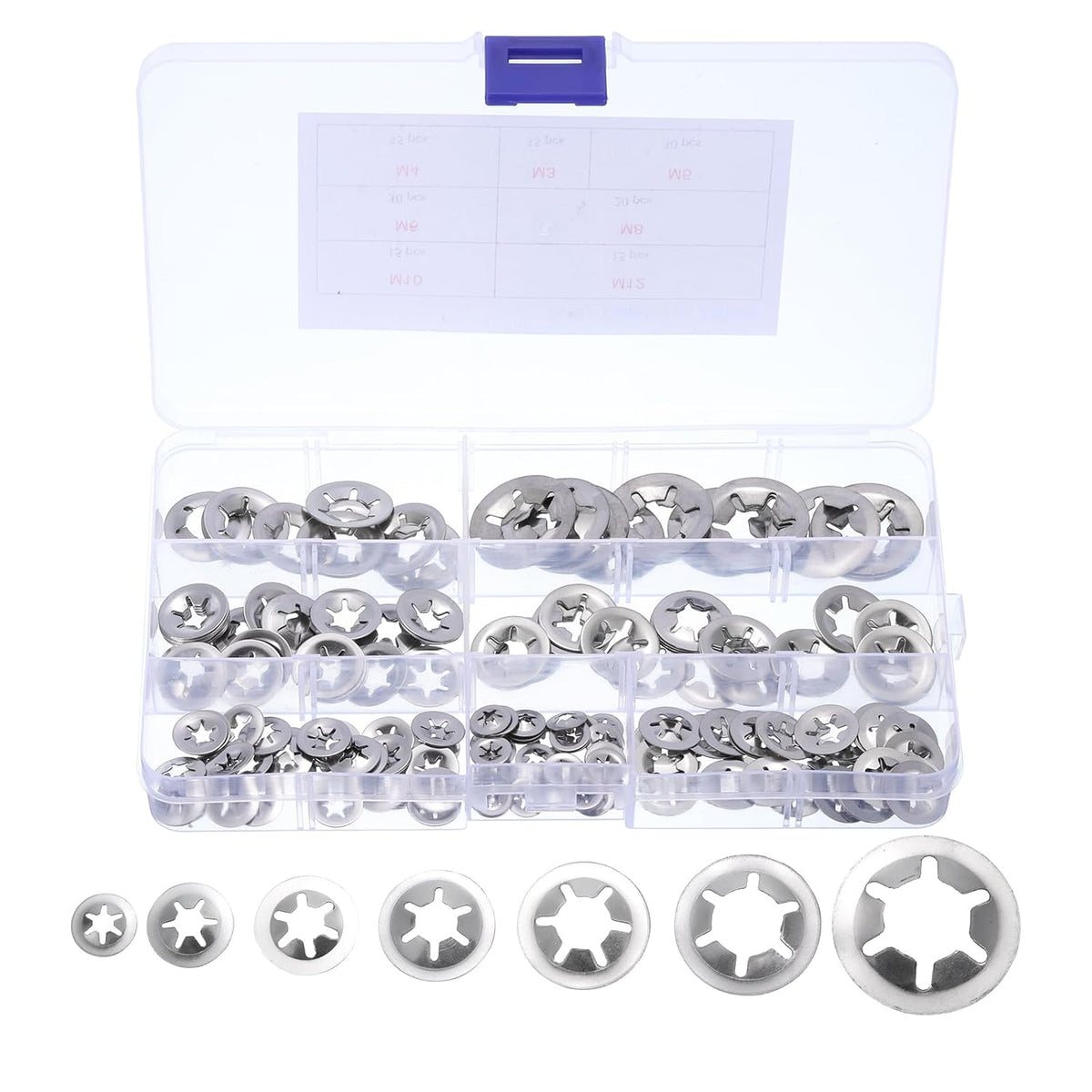 180pcs Internal Tooth Lock Washers Set M3 M4 M5 M6 M8 M10 M12 Locking Washers, 304 Stainless Steel Push Nuts