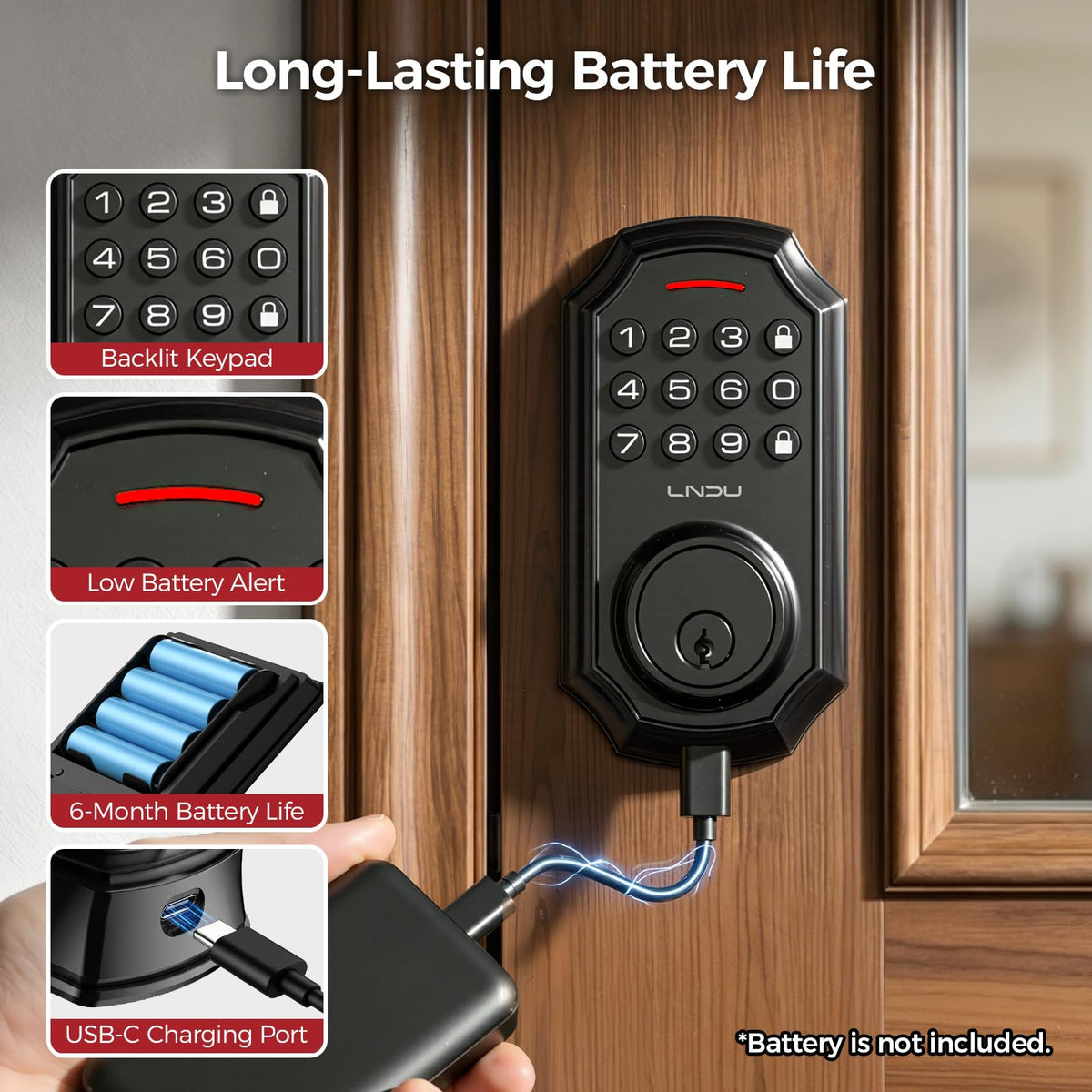 Porta blindatura a chiave elettronica per porta anteriore, bloccante a tastiera con codice, bloccatura a chiave elettronica con 2 chiavi, bloccatura automatica, facile installazione, nero opaco