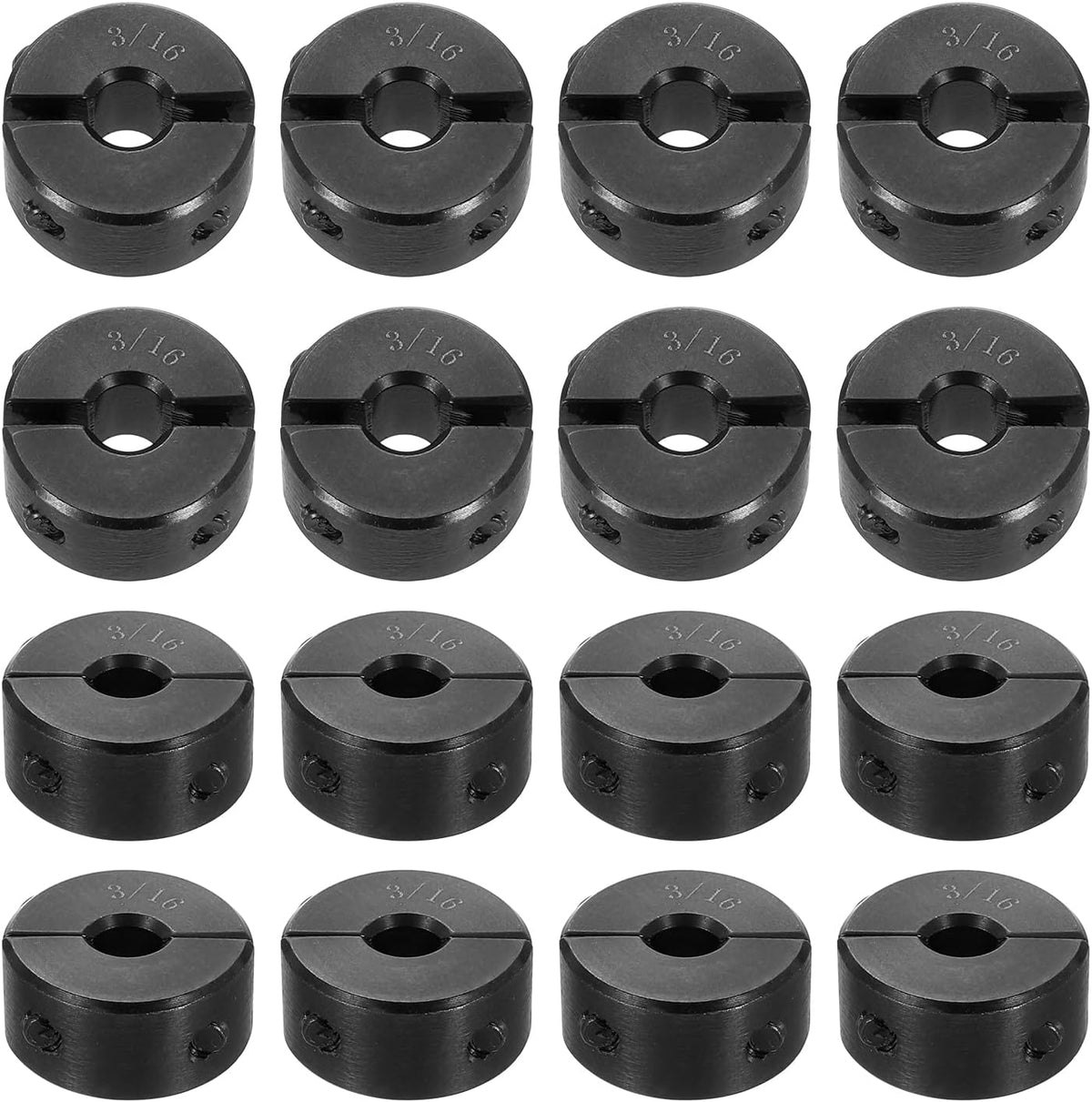 16pcs Double Split Shaft Collar for 3/16" Shaft, Two-Piece Clamping Collar, 5/8" OD, 5/16" Width, Black Oxide Steel Lock Collar Clamp, Set Screw Style