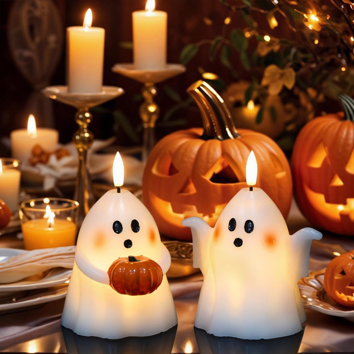 LinkMejor Halloween duchowe bezogniowe świeczniki z zegarem ręcznie malowany dynia
