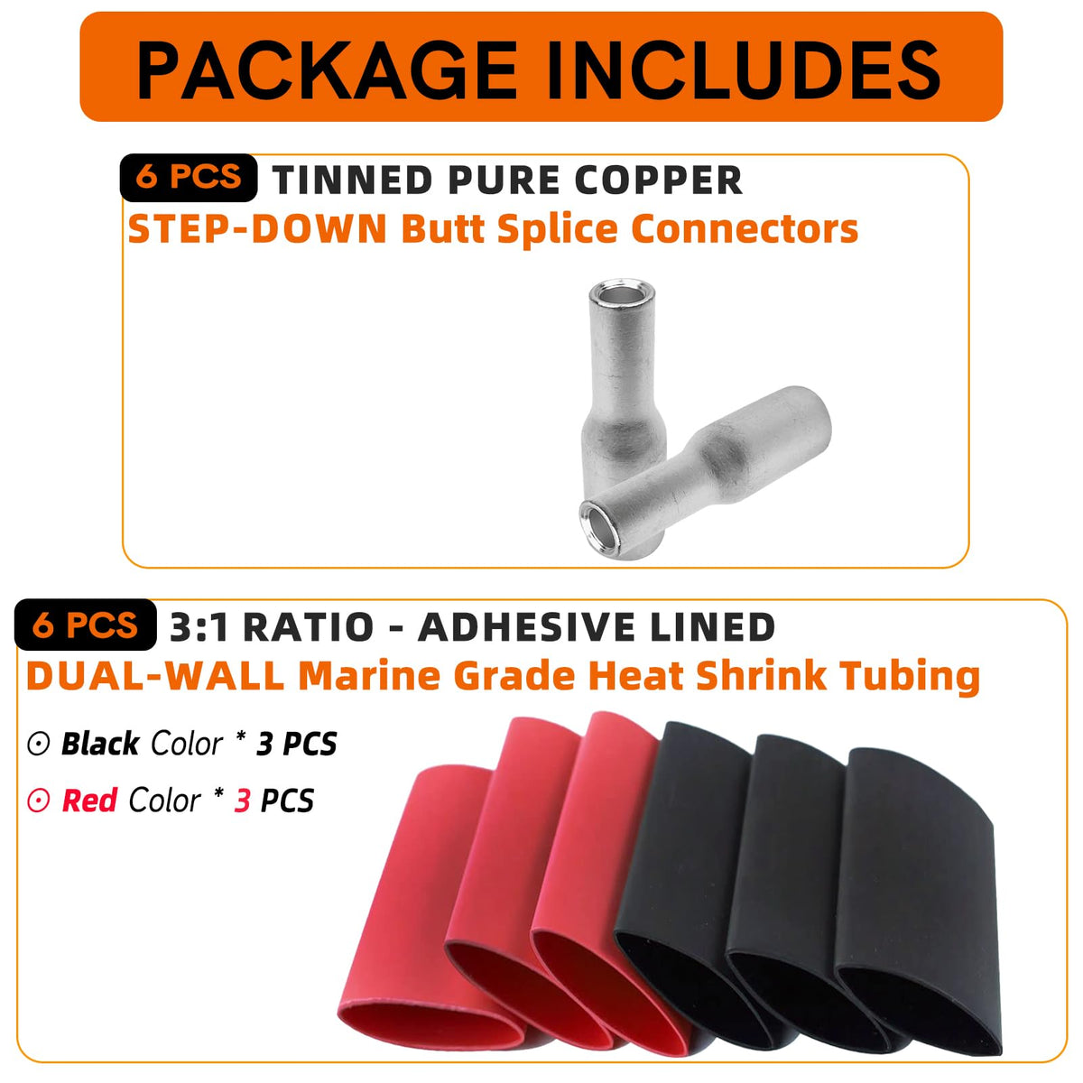 6PCS 1/0 to 6 Gauge Step Down Butt Splice Connectors, 0 to 6 AWG Reducing Splices, Heavy Duty Tinned Copper Strong Crimps Wire Splice Connectors, w/ 6 3:1 Dual Wall Adhesive Lined Heat Shrink