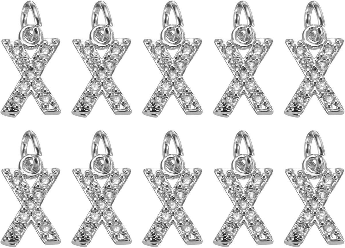 LinkMejor Rhinestone Letter Charm, 10pcs Crystal Zirconia Copper Alphabet x Pendants Slider Letter Charm for Wristbands Bracelets Necklace Jewelry Earring DIY Craft, Silver