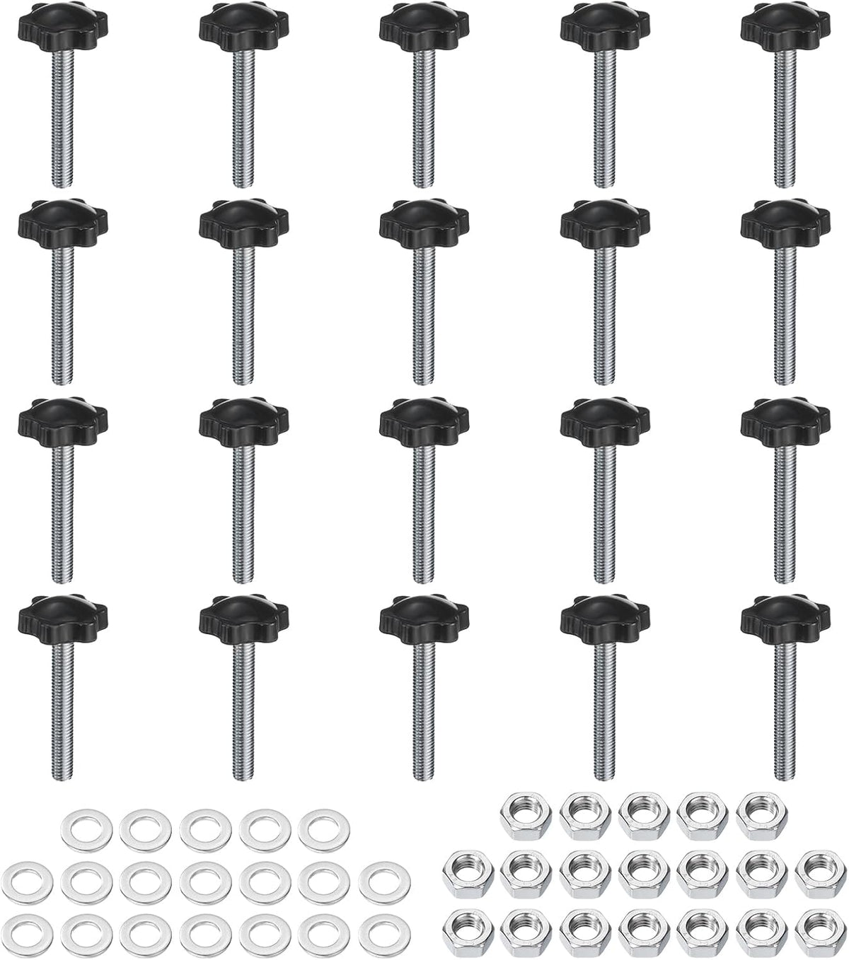20pcs Star Clamping Knobs with Nuts Washers, M8 x 50mm Metric Zinc Plated Carbon Steel Male Thread 32mm 6-Star Plastic Head, Threaded Stud Hand Knobs Handles Thumb Screws, Black