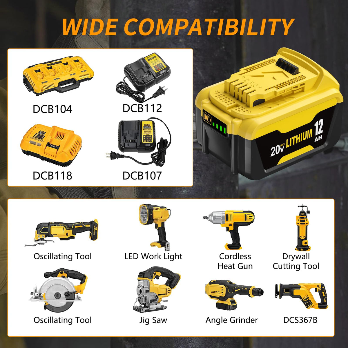 ชุด 2 ชิ้น แบตเตอรี่ลิเธียม-ไอออน 12000 มิลลิแอมป์ ใช้แทนแบตเตอรี่ Dewalt 20V Max