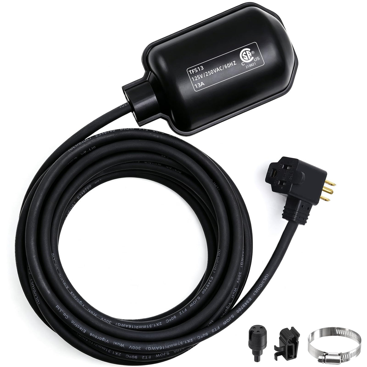 Universal Sump Pump Float Switch with Piggyback Plug and 10FT Cord,13A/125V