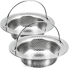 LinkMejor 2 Pack Kitchen Sink Drain Strainer with Handle, Stainless Steel Large Kitchen Sink Drain Basket Food Catcher, Outer Diameter 4.5 Inch, Rust Free