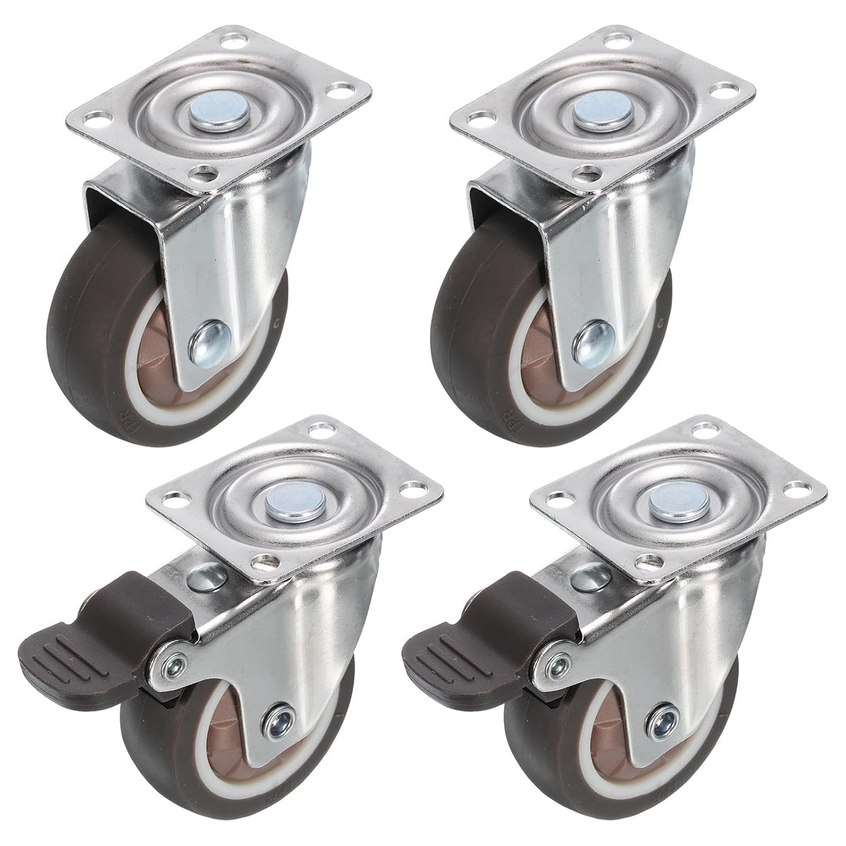 1.5" Swivel Caster Wheels 2pcs with Brake 2pcs Without TPR 360 Degree Bearing Rolling Plate Caster Load 48lb for Furniture Workbench Cart Racks, Brown