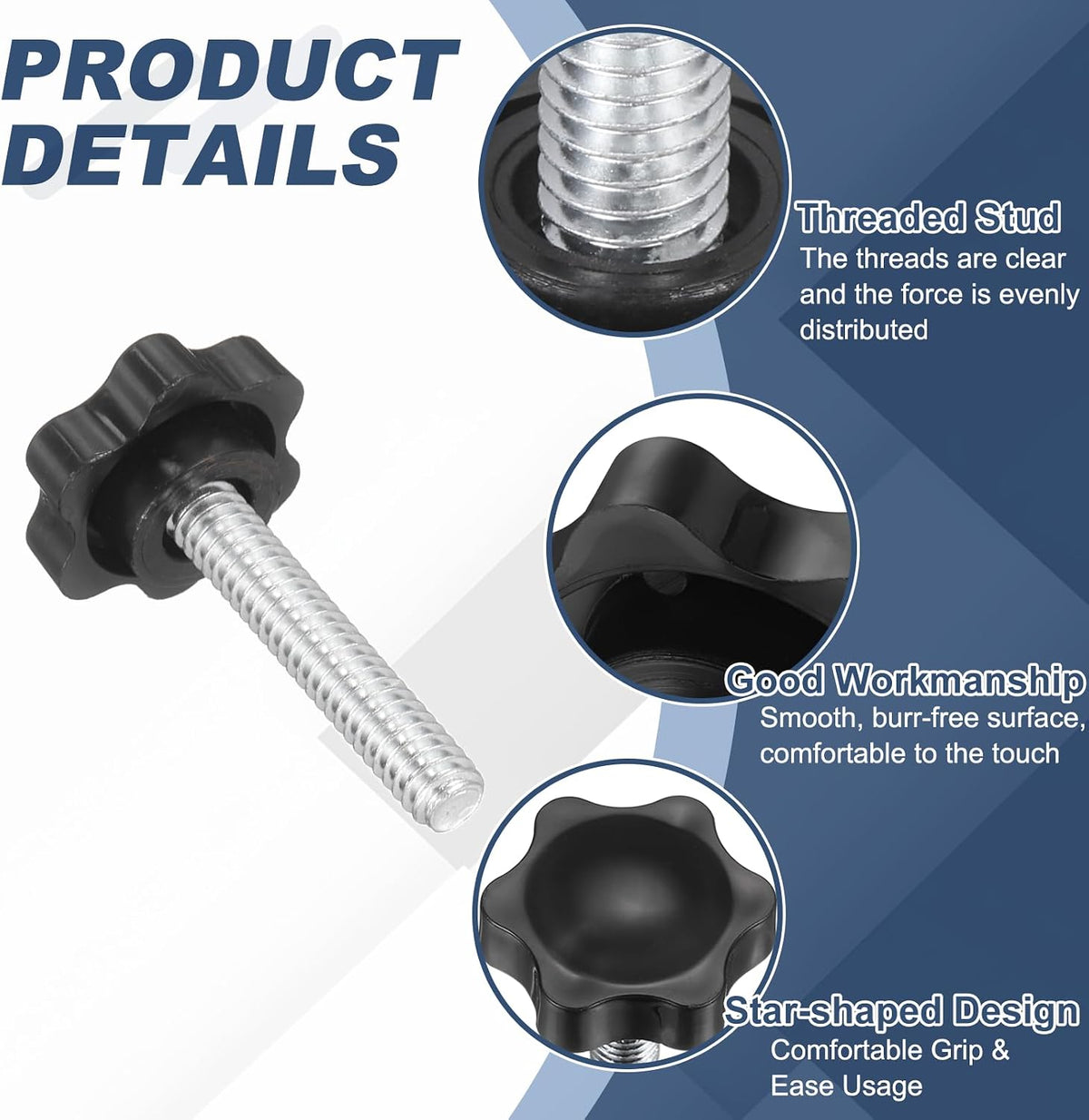10Pcs écrous à écrou à étoile 1/4"-20, tige filetée de 0.8" en plastique mâle pour verrouillage de clamps, vis de serrage à main de remplacement pour outils de meubles industriels, étau, noir