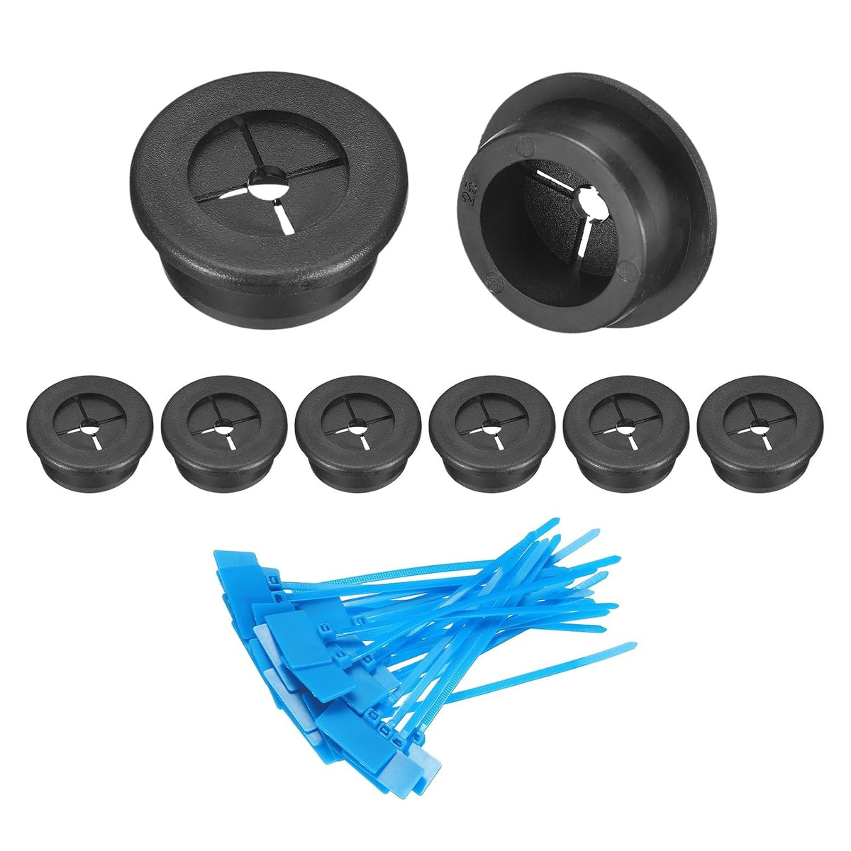 8Pcs Cable Cord Grommet, 1"(25mm) Rubber Desk Grommets Wire Pass Through Hole Cover with Marked Cable Ties for Home Office Cable Wire Protection, Black